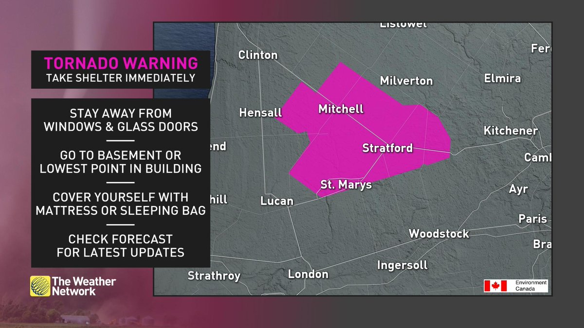 weathernetwork's tweet photo. A TORNADO WARNING is in effect for:

Stratford - Mitchell - Southern Perth County, Ontario #ONStorm #ONwx https://t.co/a4CUaOW6KQ