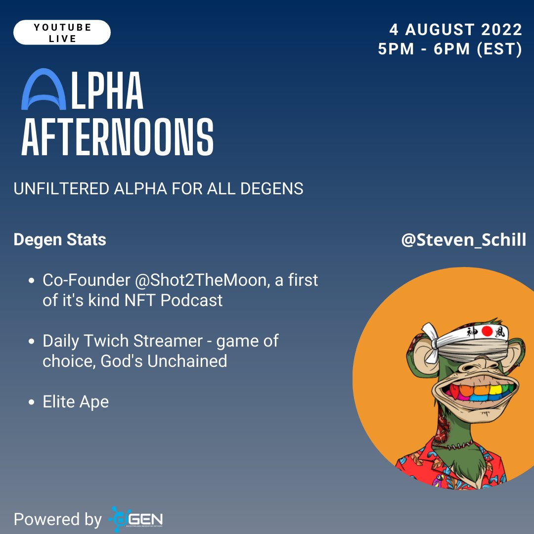 AlphaAfternoons's tweet photo. Can't wait to have @steven_schill join us LIVE on #AlphaAfternoons, tomorrow! We'll be talking, 
- State of #NFTs
- NFT gaming
- The future of @Shot2TheMoon 
+ much more

As always, @RomanTirone, @The_Kongressman, &amp; @MinaSalib09 will be breaking down the week's news. https://t.co/wOPTiCk2nG