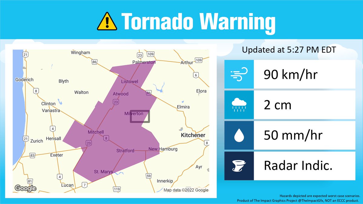 Tornado Warning updated for Southern Ontario by Environment Canada at 5:27 PM EDT