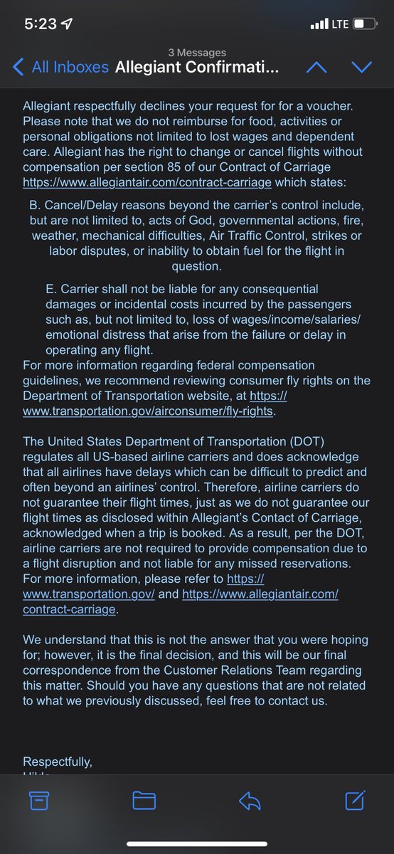 ajagoare's tweet photo. Oh good, I finally got a reply from Allegiant regarding my cancelled flight in DECEMBER. Took them seven months to explain they don’t actually have to honor any scheduled flight time or date that a customer might purchase. Booking with @Allegiant is a game of roulette. https://t.co/kMFlycLRj6
