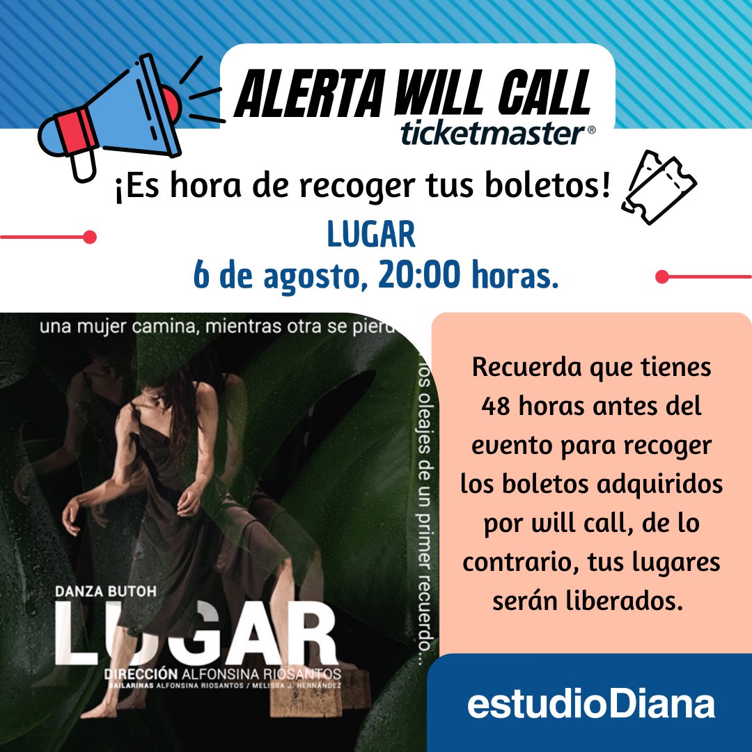 teatrodiana's tweet photo. 🚨 ¡Alerta Will Call Ticketmaster! 🚨
Es hora de recoger tus boletos.
6 de agosto:
Fobia
Teatro Diana
21 H
Lugar
estudio Diana
20 H
Tienes hasta 48 H antes del evento para recoger boletos adquiridos por will call, de lo contrario, serán liberados.
#TeatroDianaAlertaWillCall https://t.co/JQ5ChJRkxv