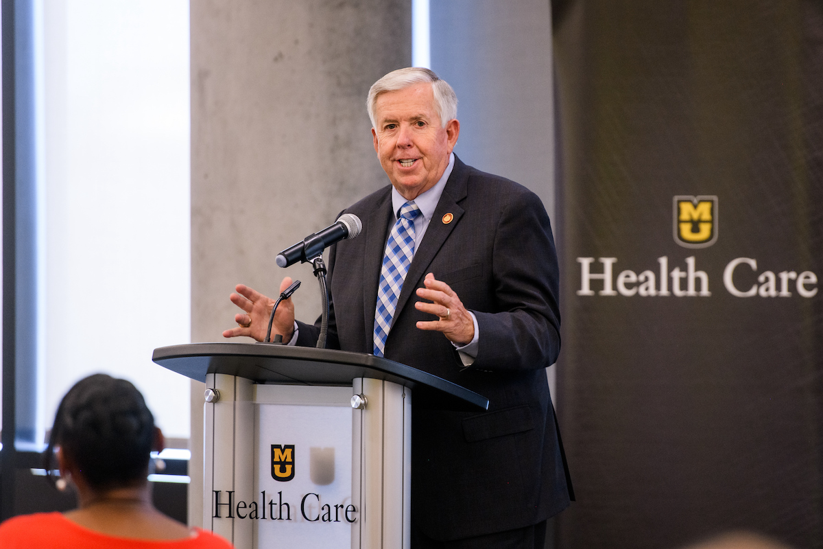 muhealth's tweet photo. MU Health Care and @mumedicine leaders welcomed @GovParsonMO Wednesday as he announced $2.5 million in state funding for smoking cessation and prevention efforts. The additional state funding is projected to save the state $21 million in future health care costs. https://t.co/HBSYC6Ojnv