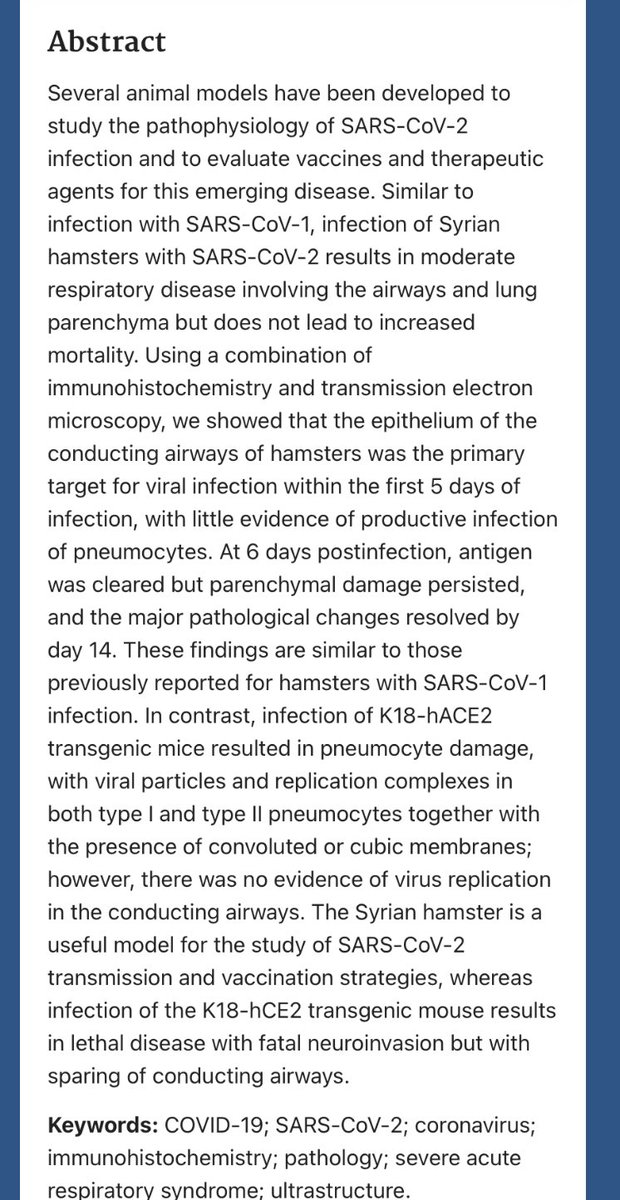 SixandLaura's tweet image. “Cellular tropism of SARS-CoV-2 in the respiratory tract of Syrian hamsters and B6.Cg-Tg(K18-ACE2)2Prlmn/J transgenic mice”

7/2022

#SARSCoV2_timeline #animal_model (Syrian hamster; transgenic mouse) #pneumocytes #SARS1_pathology #SARSCoV2_pathology
ncbi.nlm.nih.gov/pmc/articles/P…
