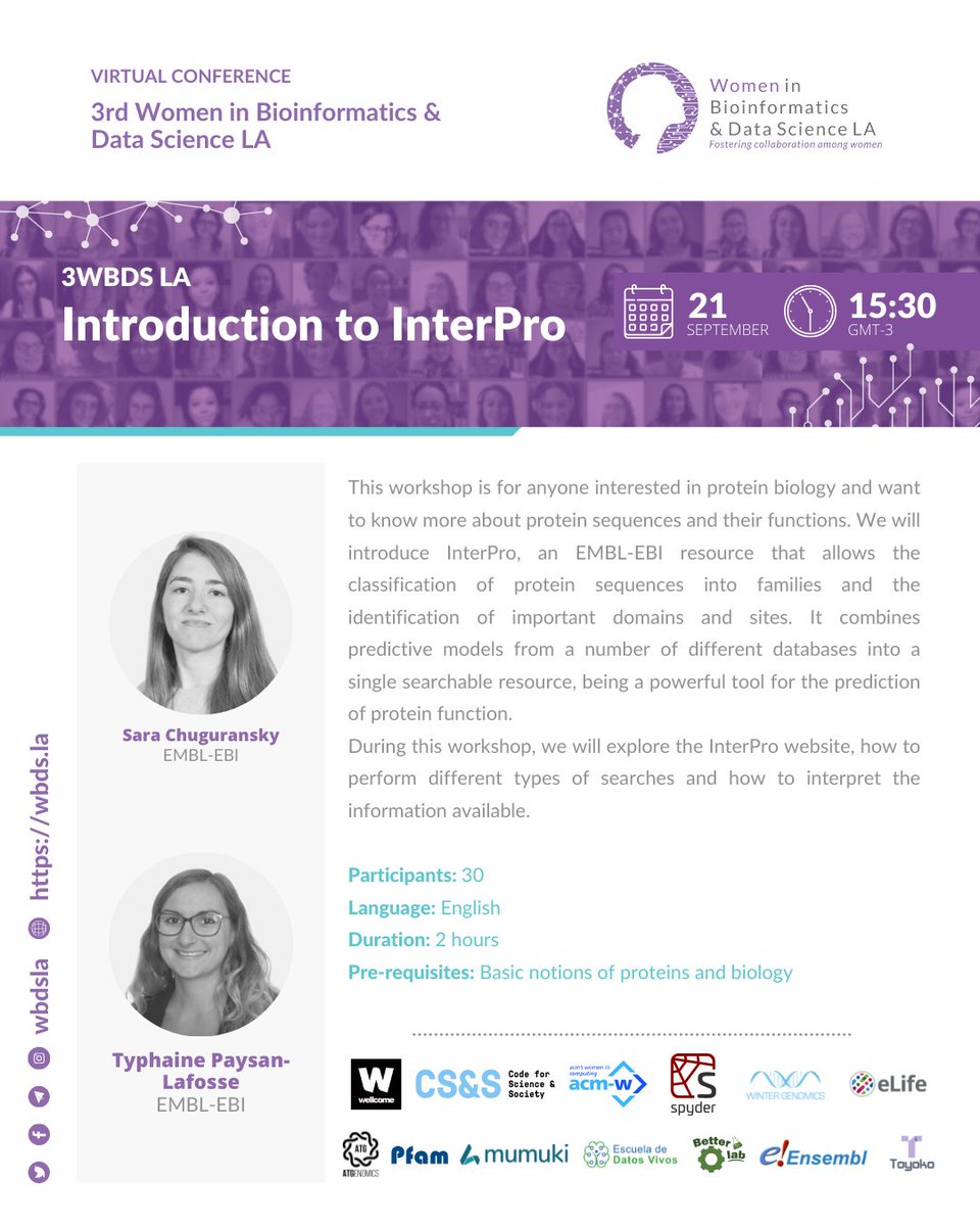 📣 #3WBDS_LA Workshops: Introduction to InterPro

🔓 Virtual &amp; Free 

🗓️ 21/09/2022

🎙️Teachers: Sara Chuguransky and Typhaine Paysan-Lafosse, from <a href="/InterProDB/">InterPro</a>

➕ Find more details here: wbds.la/conferences/3W…

✍️Conference registration: wbds.la/conferences/3W…