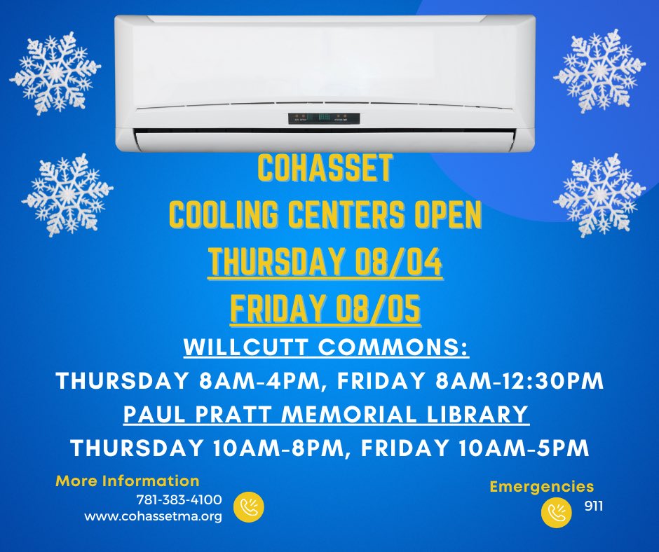#heycohasset Cooling centers will be open on Thursday and Friday.