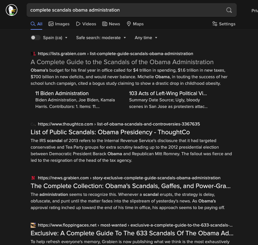 tomselliott's tweet photo. Hi @Google — Why are you hiding results for @GrabienMedia? Just ran a search for our popular compendium of Obama scandals. First image is from DuckDuckGo. Second is Bing. 3rd is Yahoo. 4th is Google. 

#DumpGoogle https://t.co/zkViARAjsP