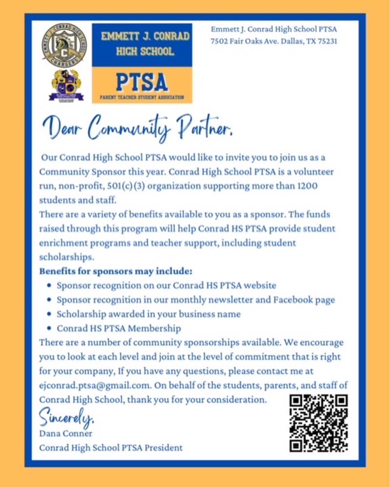 emmettjconradhs's tweet photo. The Emmett J Conrad HS PTSA is looking for sponsors for the 2022-2023 school year!
If you have any questions, please reach out to ejconrad.ptsa@gmail.com
#ConradHS
#GameOn
#PTSA
#DallasISD https://t.co/aOZPZXntL0