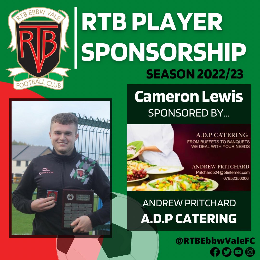 🤝| #21 PLAYER SPONSORSHIP

Senior player, <a href="/cameronlewiss88/">Cameron Lewis</a> has also been kindly sponsored by A.D.P Catering for the 2022/23 season.

A massive thank you to Andrew Pritchard for making this happen.

Your business will now receive great exposure from us all season! 🥪🍰👍🏼