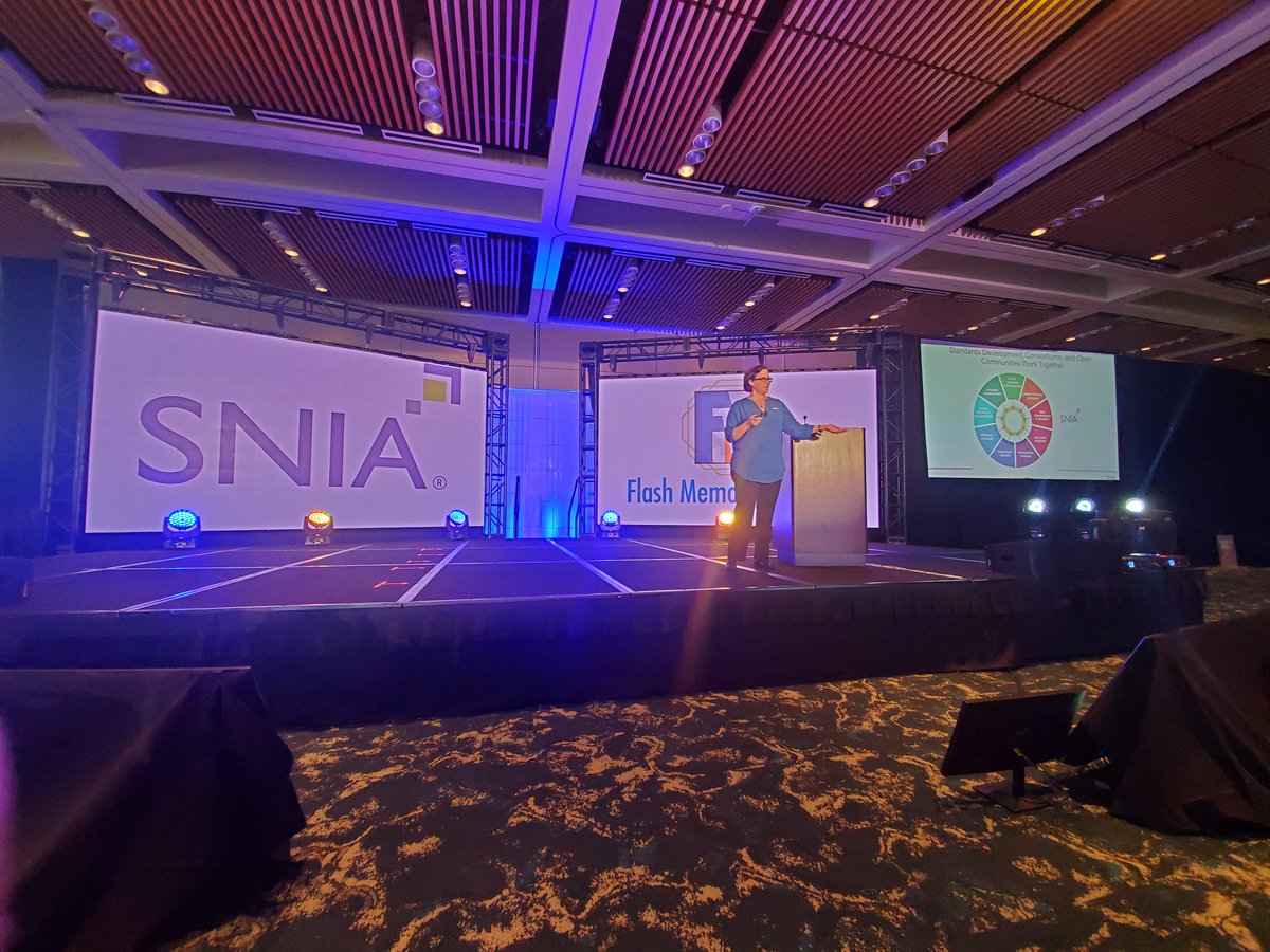 SNIA's tweet image. Richelle Ahlvers SNIA Vice Chair, mainstage at #FMS2022 speaking on standards and partnerships with many alliance organizations. Come learn more at booth 725!@rahlvers