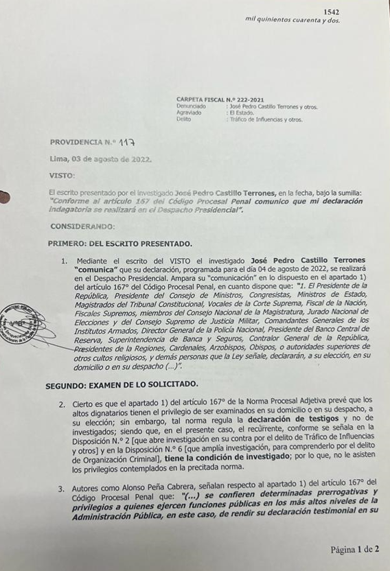 FiscaliaPeru's tweet photo. 🚨#Loúltimo
La diligencia será en el Ministerio Público. El pedido de la defensa se basa en el Art.167 del Código Procesal Penal. Esa prerrogativa solo es aplicable cuando el alto dignatario es un testigo. Al ser investigado tiene la condición de asistir a la sede de la Fiscalía https://t.co/jEA8NSmpJ0