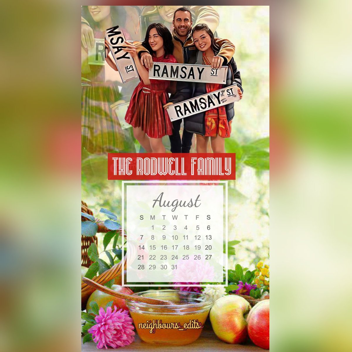torchwoodangel's tweet photo. Can't believe it's August already... mine and my youngest sons birthday month Yay ! Time for a new calendar and what better subject than the lovely Rodwell family. #Rodwells #Neighbours #CelebratingNeighbours https://t.co/g1YjImY3QK
