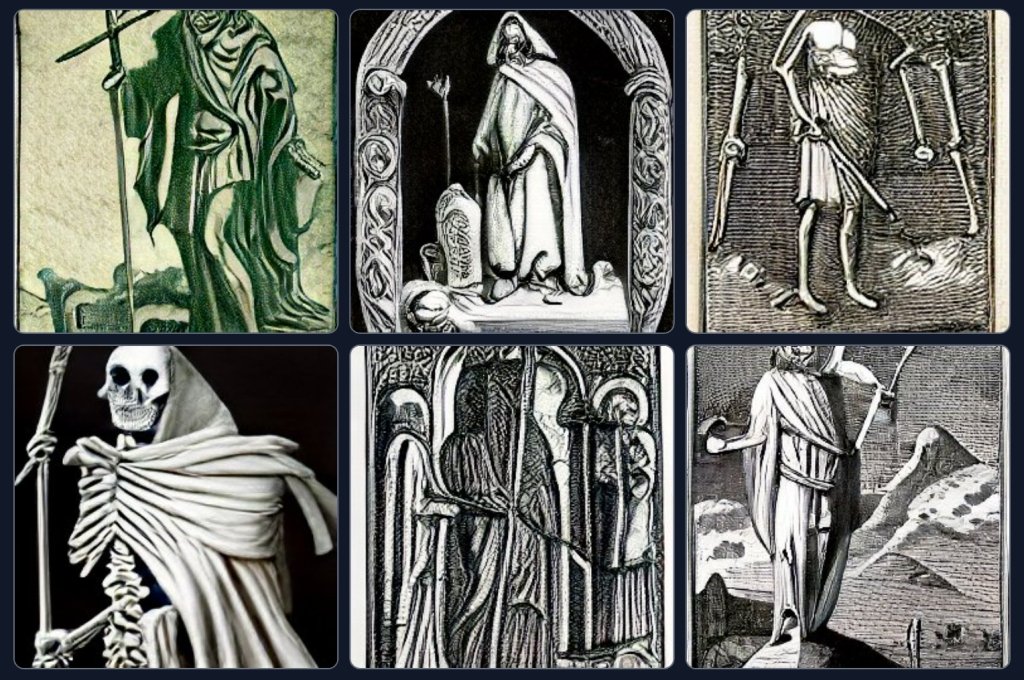 kneverday's tweet photo. Confession: I unabashedly use dall-E mini to create blog post images. Just look at these beauts (keyword: "Irish god of death") https://t.co/wiZboITae5