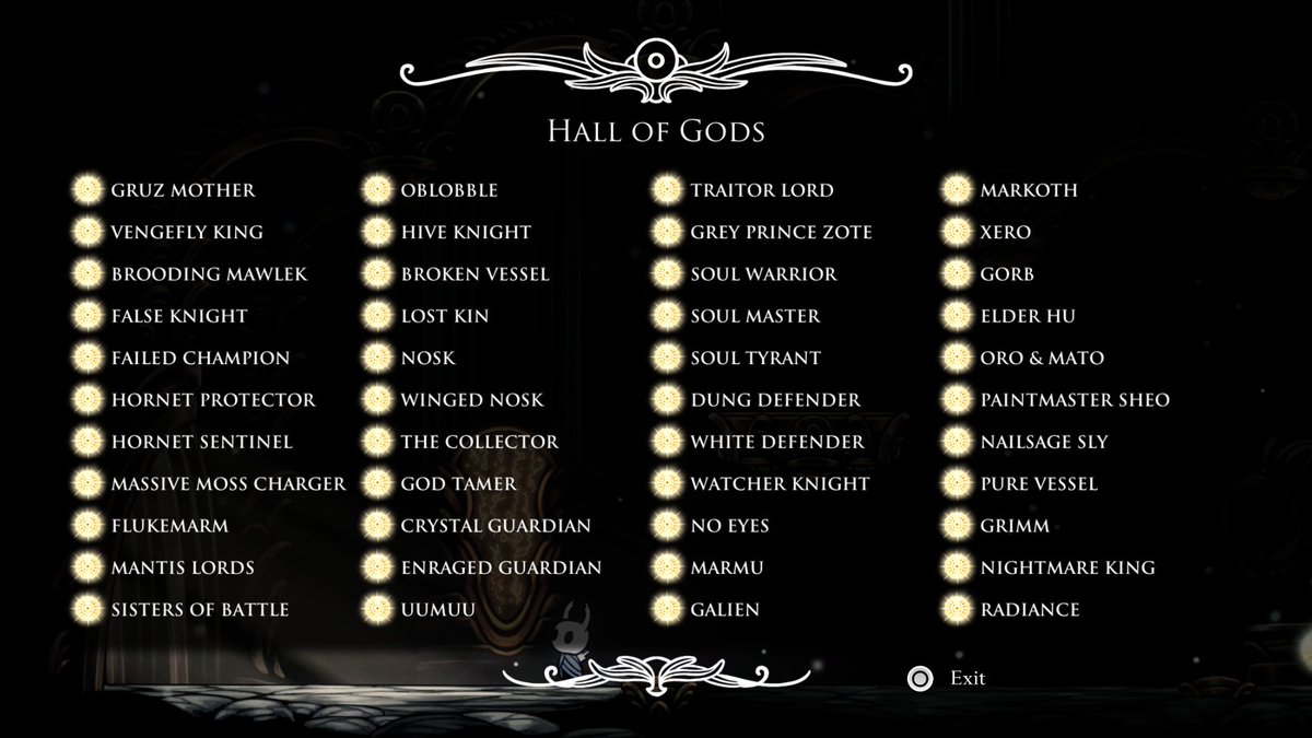 WhenChukAttacks's tweet photo. Decided to tackle this boss again and finally did it, knocking out Radiant Absolute Radiance and completing the entire Hall of Gods Radiant Challenge. Video coming soon, including one of a weird glitch I encountered.
#HollowKnight #GodHome #HallOfGods https://t.co/Op5K6a3TQS