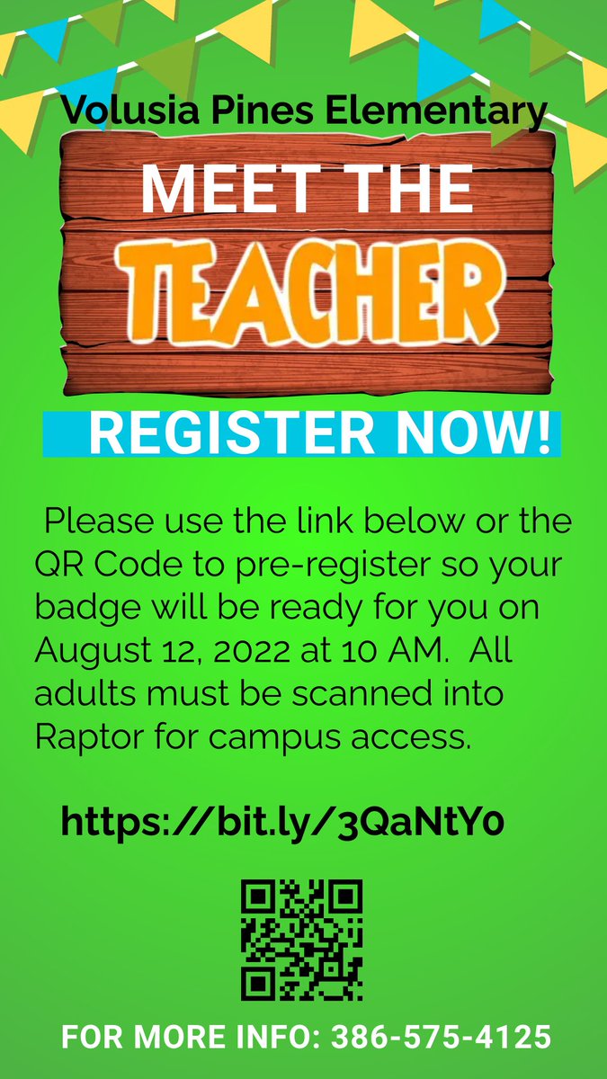 Volusia_Pines's tweet photo. **Important Meet the Teacher Security Update: Per Volusia County School guidelines we are required to register each adult attending Meet the Teacher on Friday, August 12th, 10AM-12 PM. Please pre-register each adult attending by completing the form below. https://t.co/fGTYRAqOHh https://t.co/A5s9x6w9yq
