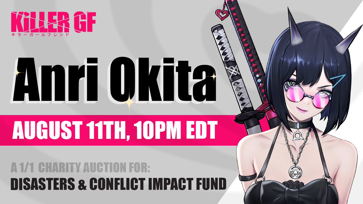 Special auction Killers! ❤️⚔️

😍 Third KGF CHARITY auction feat. the lovely <a href="/AnriOkita_real/">Anri</a> 
☮️ Her Charity of Choice: Disasters &amp; Conflict Impact Fund 
⏰ Auction live: Thursday August 11 @ 10PM EDT <a href="/foundation/">Foundation 🌐</a> 

foundation.app/@KILLERGF