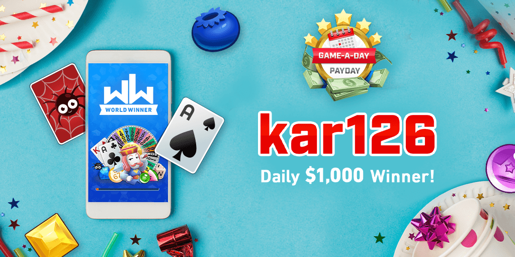 WorldWinner's tweet photo. Winner, winner! Congrats kar126 on being our 22nd daily $1,000 Game-A-Day Payday winner!  Log in to see how YOU can enter for a chance to win too. No deposit necessary!  💰 

. 
#worldwinner #giveaway #sweepstakes #payday #winner #sweepswinner https://t.co/fpbUSfsi0Y