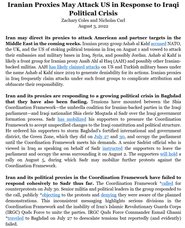TheStudyofWar's tweet photo. New: #Iran may direct its proxies to attack American and partner targets in the Middle East in the coming weeks, warn @NicholasACarl and @ZachPolicy in a new report for @TheStudyofWar and @criticalthreats. 

Read it here: https://t.co/iQSl9nrtOR https://t.co/kydSFtwc1o