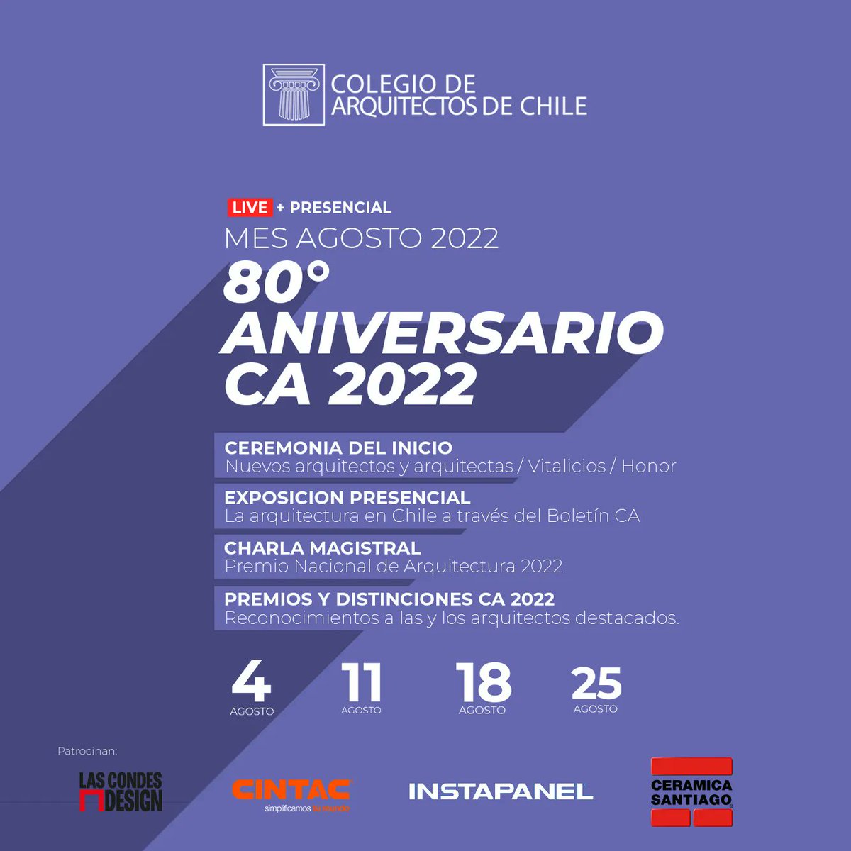 colegioarq's tweet photo. 🎊🎉 Este 4 de agosto conmemoramos 80 años de nuestra Asociación Gremial y lo celebraremos con múltiples actividades durante el Mes de la Arquitectura.

Revisa la programación acá 📆

https://t.co/Ug8SkImn7O https://t.co/wIE82lpb8l