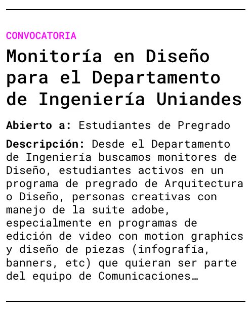 #ClasificadosArqDis | El Departamento de Ingeniería de Uniandes <a href="/IndustrialAndes/">Industrial Uniandes</a> busca monitores de Diseño para formar parte de su equipo de comunicaciones en el segundo semestre del 2022.

Conoce todos los detalles para aplicar en: buff.ly/3vGfr67