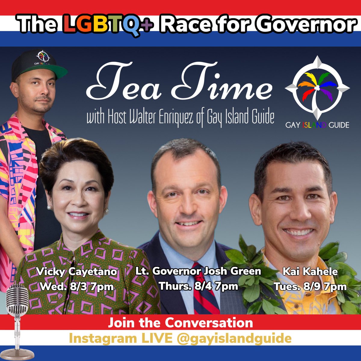 GayIslandGuide's tweet photo. Race for Governor! @gayislandguide presents Tea Time with Host Walter Enriquez LIVE on the Gay Island Guide Instagram Account as we talk story with the three front runners in the race to be Hawaii’s next Governor! We will discuss issues related to Hawaii’s LGBTQ+ community &amp; more https://t.co/TQKWKSq28W