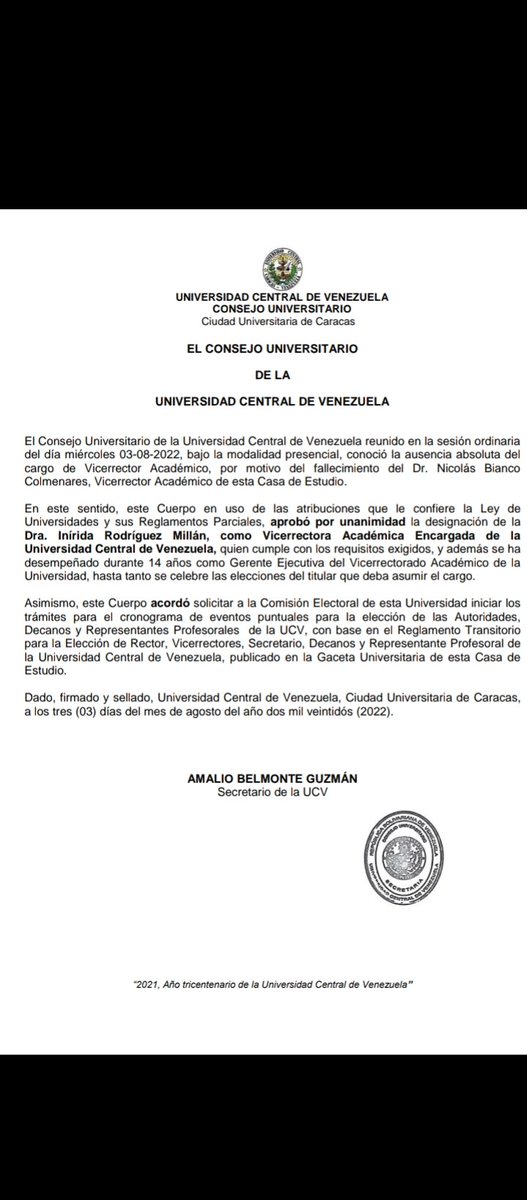 Designación de la Dra. Inírida Rodríguez como Vicerrectora Académica encargada de la Universidad Central de Venezuela.

#UCV #CUUCV