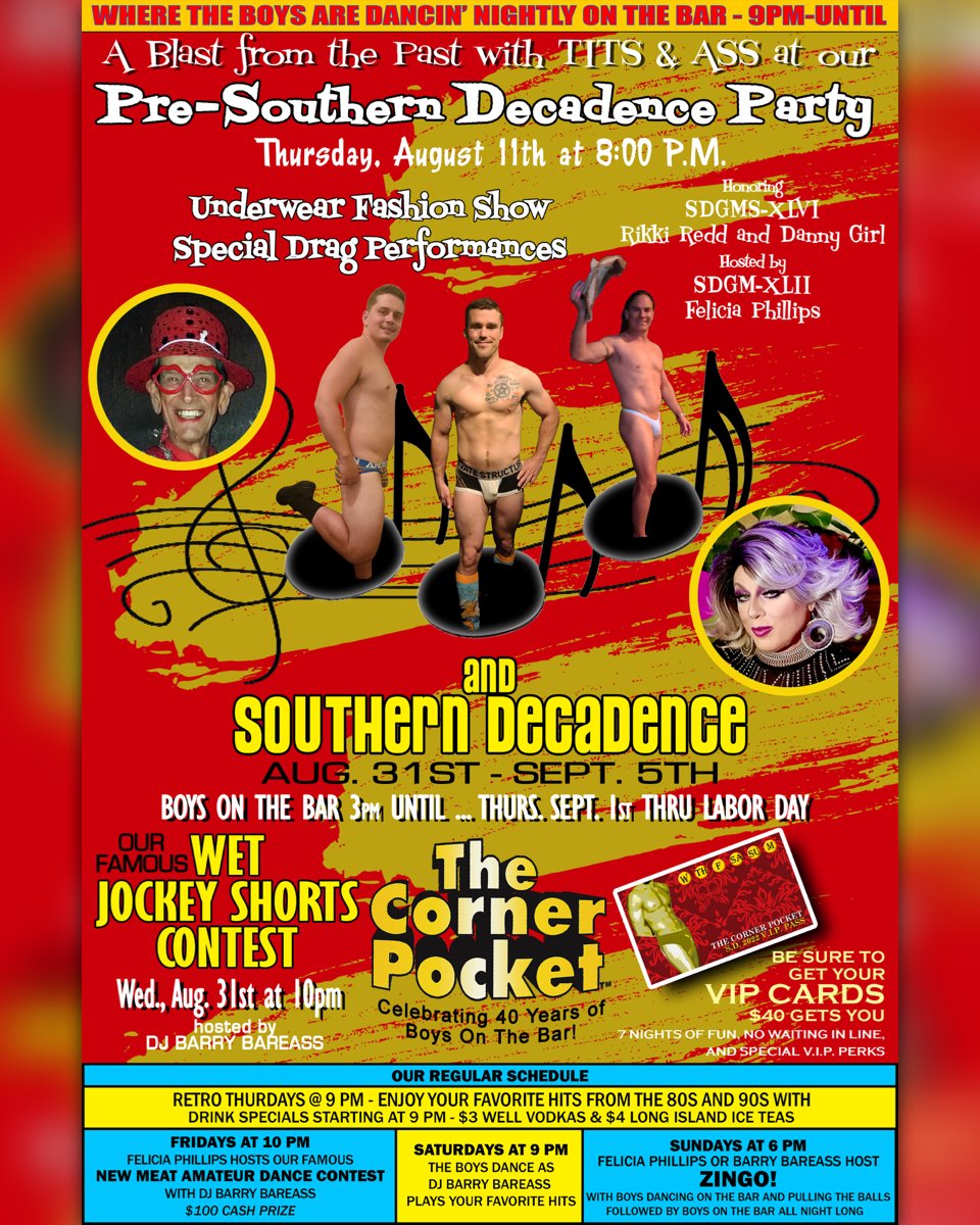 cornerpocketno's tweet photo. Pre-Southern Decadence party Thurs Aug 11 8PM, UNDERWEAR FASHION SHOW &amp; DRAG PERFORMANCES. VIP passes available for SD Aug 31-Labor Day, 7 nights of fun. Wet Jockey Shorts Contest Wed  + Boys dancin' on the bar daily, no waiting &amp; more. Paypal $40 advance https://t.co/kYo5QrB7Gn https://t.co/bh6x8IAmn7