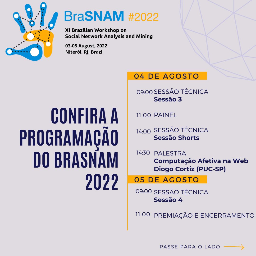 brasnam_csbc's tweet photo. Vem conferir o que vai rolar nos próximos  dias do BraSNAM 2022. 

#brasnam2022 #csbc #computação #redessociais #informática #socialmedia #Datascience #cienciadedados #midiassociais #datamining #tecnologiadainformação #analisederedessociais https://t.co/c91kvCWp3d