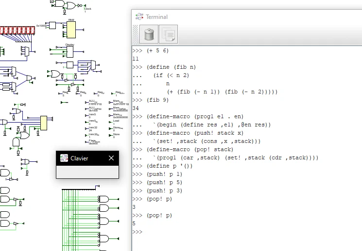 Screenshot of the same digital circuit but this time it's running a Scheme interpreter so I showcase some code, an addition, a Fibonacci function, and some macros for simulating an imperative stack