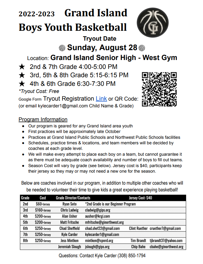 Grand Island Boys Youth Basketball info for upcoming winter season. 
Tryout Pre-Registration Link (or Email kylecarder1@gmail.com): docs.google.com/forms/d/e/1FAI…