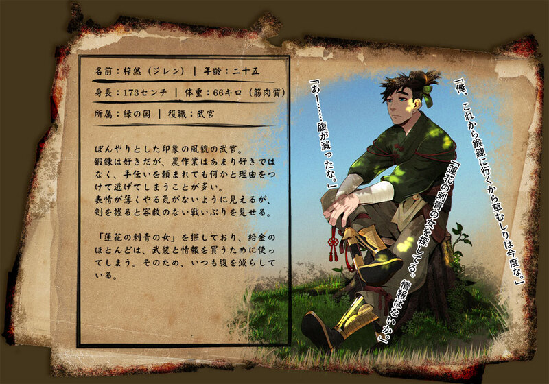 【武官】─── 企画「四彩伝記」
鄒梓然(すうじれん)
緑の国所属武官。ぼんやりとした印象の凡庸な男。
17歳の時におこったとある殺人事件の犯人を秘密裏に追い続けている。 https://t.co/Gpag2vPR7Q