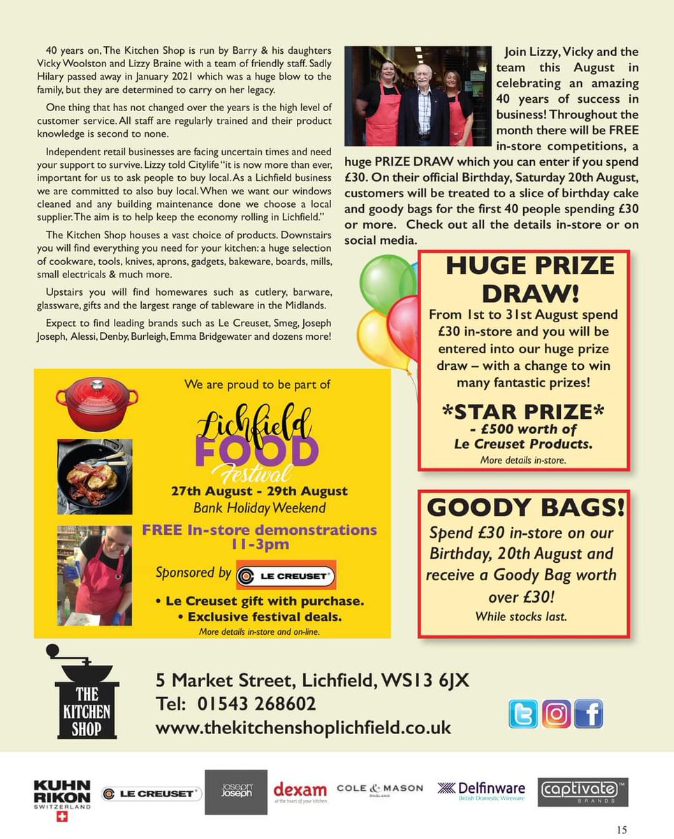 KitchenShopLich's tweet photo. Join us celebrating 40 Years in business 🍾
HUGE PRIZE DRAW
COMPETITIONS
CAKE &amp; GOODY BAGS
Ask in-store for details.
@VisitLichfield @louieclegg #40th_anniversary #familybusiness #independentshop #buylocal #cookshop #weare40 https://t.co/lpJzOqzNEq https://t.co/Gh8FPlCN5P