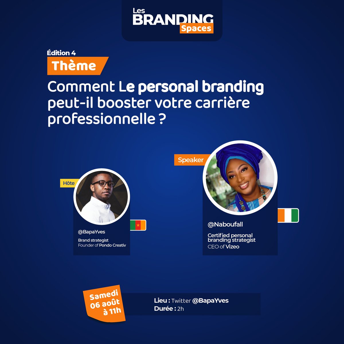 Si vous êtes passionnés de personal Branding comme moi, je pense que cet événement est fait pour vous.

Retrouvez <a href="/BapaYves/">Mr Brand - Bapa Yves</a> et l’experte en Branding <a href="/Naboufall/">Nabou Fall</a> ce samedi 🔥

#BrandingSpaces