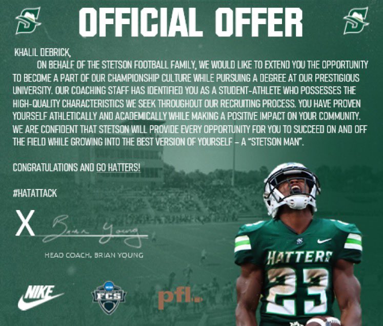 Thankful to have received an official D1 offer from <a href="/StetsonFootball/">Stetson Football</a> <a href="/jj5151/">Jonathan Johnson</a> <a href="/ahsbucsfootball/">Allatoona Football</a> <a href="/toonahpe/">Allatoona HPE</a> <a href="/RecruitGeorgia/">Recruit Georgia</a>