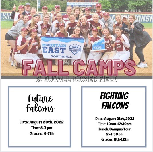 FairmontStateSB's tweet photo. Kick off back to school with us and join us for our series of fall camps! We will be hosting camp for K-7th grade on August 20th and camp for grades 8-12th on August 21st. We can’t wait to meet all of our future falcons! 
https://t.co/YZr6v3jSuR https://t.co/nR8zUnkauO