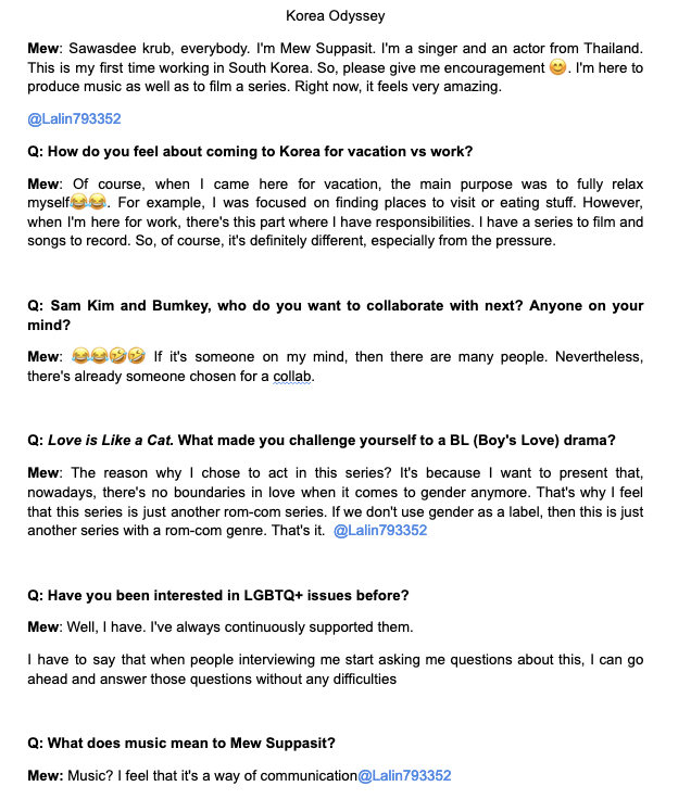 Lalin793352's tweet photo. ...how do I say this? Thank you, K-Odyssey, for the interview with #MewSuppasit but...the Eng sub doesn't match what P'Mew was actually saying😅. I guess you guys got additional info
🔗https://t.co/1KV2MWOi4g 
#ForeverLove by #MewSuppasit #ForeverLove_MewSuppasit #MGLalinTrans https://t.co/hcsvm0XihG
