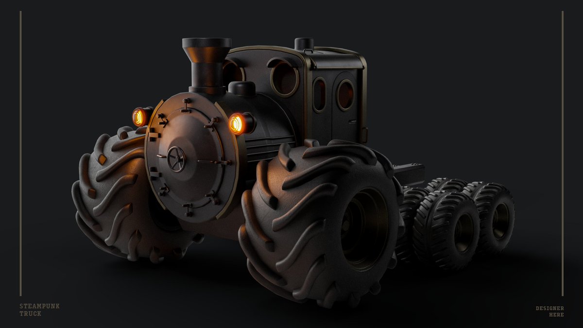 here_designer's tweet photo. So, thanks to weather being very hot this last weak, i just designed and model this little boi.

You can see bigger and better here:

https://t.co/KoyLz6nGIJ

#b3d #blender #scifiart #scifi #steampunk #truck #conceptart #concept #substancepainter #locomotive https://t.co/suo8P0TupG