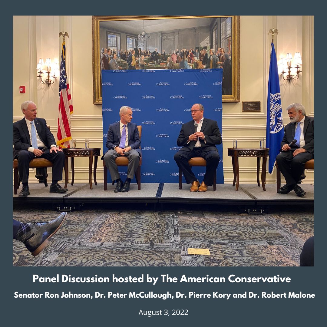 's tweet image. Earlier today, The American Conservative @amconmag presented a panel discussion with speakers @SenRonJohnson, Dr. @PierreKory, Dr. @P_McCulloughMD and Dr. Robert Malone. Watch full discussion now: geni.us/TAC-Aug3-Panel