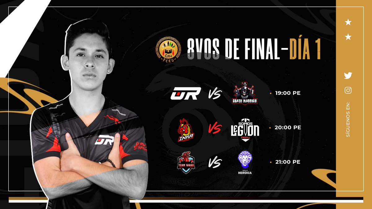 LIGA 1 PERÚ (@liga1_pe) on Twitter photo #CR | #Copa
Iniciamos con los enfrentamientos de 8vos de Final - Dia 1 / Copa Perú 🇵🇪
7:00 PM 🇵🇪
<a href="/UrbanEsportsRap/">Urban Esports 🎙</a>
🆚
<a href="/DeathWarriorCR/">©®Death Warrior</a>
8:00 PM 🇵🇪
<a href="/InkaEsports/">Inka Esports</a>
🆚
<a href="/SomosLegionPeru/">Somos Legión Perú</a>
9:00 PM 🇵🇪
<a href="/TeamWaikiPE/">TEAM WAIKI</a>
🆚
<a href="/Heroica_team/">Team Heroica</a>
#CopaPerú #CR | #Copa
Iniciamos con los enfrentamientos de 8vos de Final - Dia 1 / Copa Perú 🇵🇪
7:00 PM 🇵🇪
<a href="/UrbanEsportsRap/">Urban Esports 🎙</a>
🆚
<a href="/DeathWarriorCR/">©®Death Warrior</a>
8:00 PM 🇵🇪
<a href="/InkaEsports/">Inka Esports</a>
🆚
<a href="/SomosLegionPeru/">Somos Legión Perú</a>
9:00 PM 🇵🇪
<a href="/TeamWaikiPE/">TEAM WAIKI</a>
🆚
<a href="/Heroica_team/">Team Heroica</a>
#CopaPerú