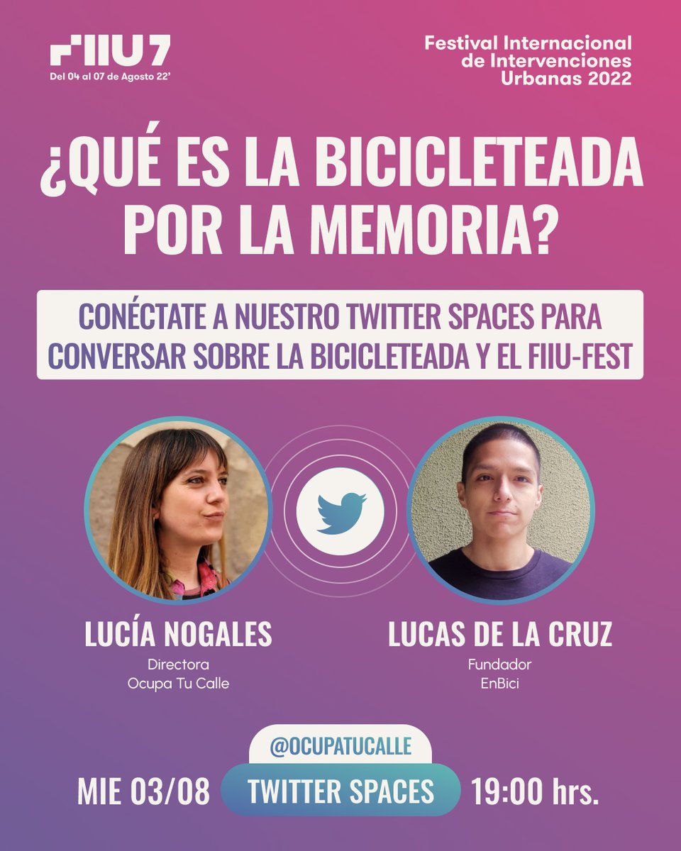 fiiufest's tweet photo. Lucía Nogales, directora de @ocupatucalle, seguirá conversando sobre el programa del #FIIU7 con Lucas De La Cruz, fundador de @enbici_la, quien además nos contará detalles de la Bicicleteada por la Memoria. La cita es hoy a las 19:00 hrs en el TWITTER SPACES de @OcupaTuCalle. 🚴‍♀️ https://t.co/3gLO8Njn8Y