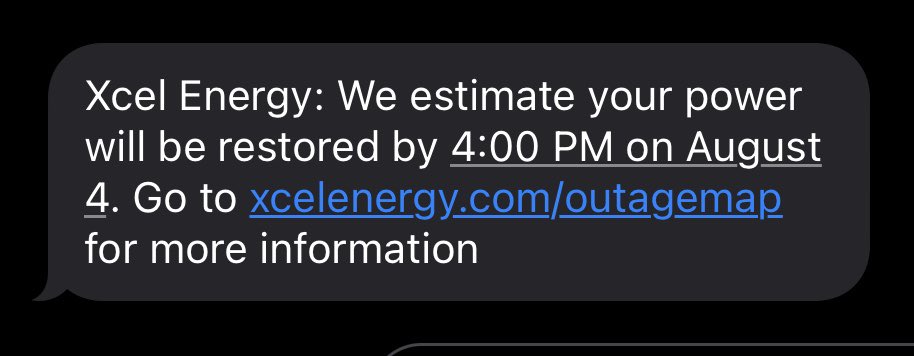 JacobElms's tweet photo. I’m generally very patient about these things as I understand infrastructure restoration can be tricky, but I’ve been without power since 1am last night and they’re telling me power won’t be restored until 4pm tomorrow? @XcelEnergyMN @xcelenergy 

Are you serious? This is a joke https://t.co/5WWllBBjVn
