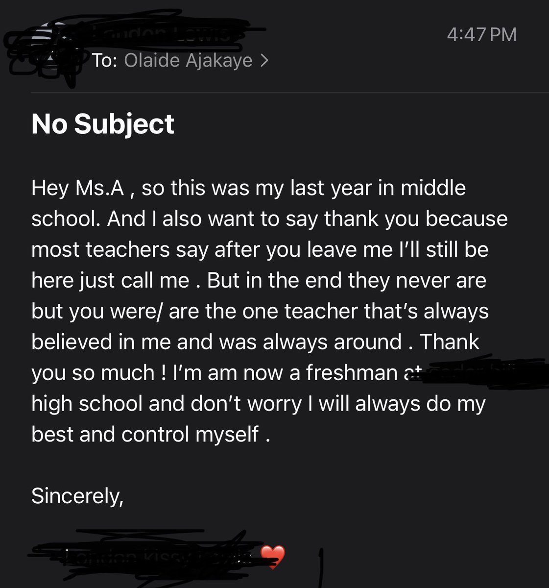 A student from my first year as a teacher <a href="/ChisdHighpointe/">HighPointe_CHISD</a> has been sending me an email once every semester for the last 5years. It means so much to her that I respond but she doesn’t even know it means even more hearing from her. <a href="/cedarhillisd/">Cedar Hill ISD</a> #buildingrelationship