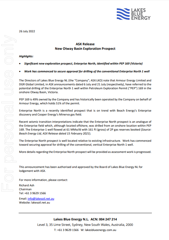 Potential drilling of the Enterprise North 1 well within PEP 169 in the onshore Otway Basin, Victoria. 
Read the full SX Announcement here, 
bit.ly/3BFlko4

#lko #dgr #energy #EnergyPrices #energystorage #gas #resources #mining #MiningNews