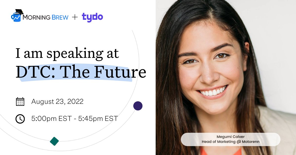 Join our head of marketing, Megumi Calver, and other DTC experts from various industries as they talk about current trends and the future of DTC!

Register for the free panel hosted by <a href="/TydoTweets/">Tydo</a> and 
@LearningBrew here: 
eventbrite.com/e/dtc-the-futu…