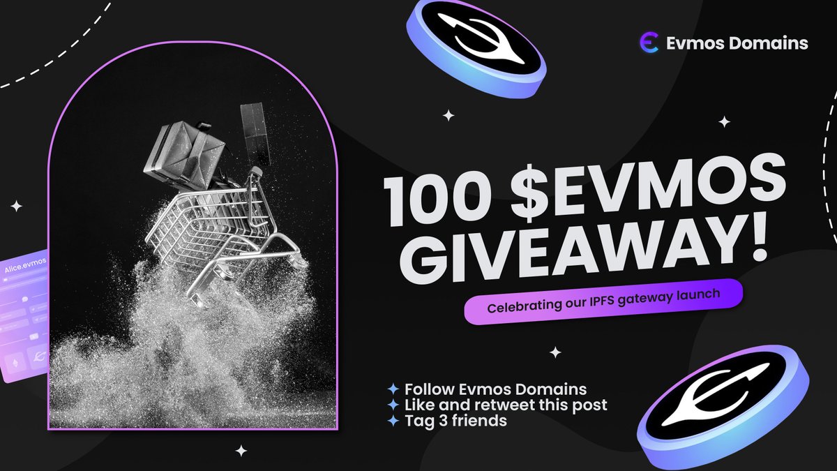 Evmos Domains (@evmosdomains) on Twitter photo Gm #Namers! 🚀🚀🚀
🎉 100 EVMOS GIVEAWAY 🎉
To celebrate our #IPFS launch and upcoming #Airdrop 👀, we're giving 5 people 100 $EVMOS! 🔥
To Enter:
👉 Follow <a href="/EvmosDomains/">Evmos Domains</a>
👉 Like + Retweet this post
👉 Tag 3 friends
Winners selected in 48 hours! ⏳
#EvmosDomains #Airdrop Gm #Namers! 🚀🚀🚀
🎉 100 EVMOS GIVEAWAY 🎉
To celebrate our #IPFS launch and upcoming #Airdrop 👀, we're giving 5 people 100 $EVMOS! 🔥
To Enter:
👉 Follow <a href="/EvmosDomains/">Evmos Domains</a>
👉 Like + Retweet this post
👉 Tag 3 friends
Winners selected in 48 hours! ⏳
#EvmosDomains #Airdrop