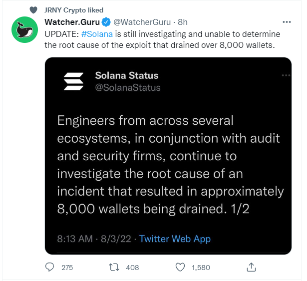 CryptoBTC_Chris's tweet photo. Don't worry SEC.. everything is safe here.. $LUNA fell apart.. $UST lost its peg and people lost their life savings, now $SOL had 8000 wallets drained.. 

WTF.. https://t.co/pTg6fvdbzz