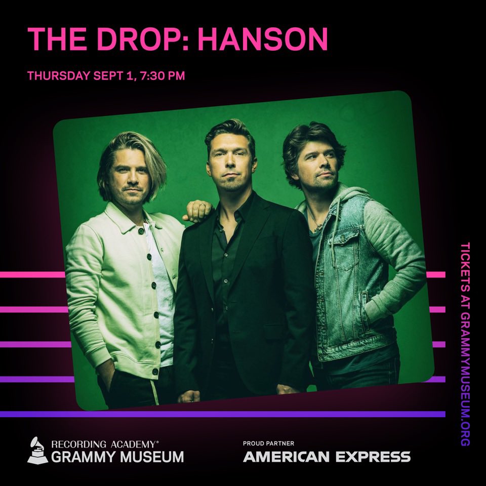 hansonmusic's tweet photo. Honored to be spending the evening of Sept 1 with @GRAMMYMuseum in LA for a chat about our 30 years as a band, plus a special performance! Pre-sale for fan club members opens Aug 4, 10:30 AM PDT, followed by general on-sale on Aug 6. Go to https://t.co/lZa18b7aND for details. https://t.co/FYdueF6YkC