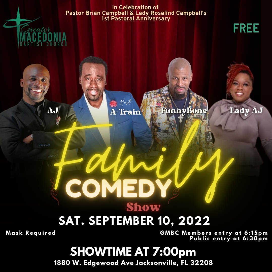 gmbcjax's tweet photo. When is the last time you had a good laugh?🤣 Well get in on this Family Comedy event to celebrate our Pastor's Anniversary. Admission is FREE, but seating is limited so mark your calendar! #PastorAnniversary #ComedyShow #GMBCjax https://t.co/fHVUAfx3hz