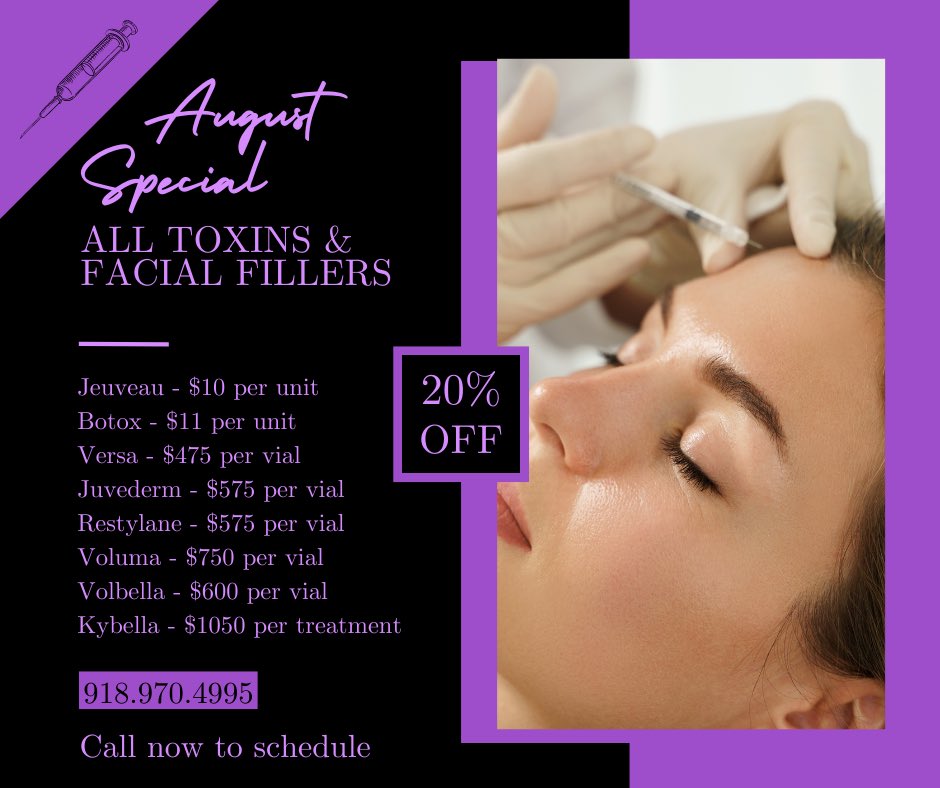 ClinicalSusan's tweet photo. August Special 
20% off all injectable therapies 

#Jeuveau #Botox #Versa #Juvederm #tulsa #oklahoma #caotulsa https://t.co/kMAj63MiB6
