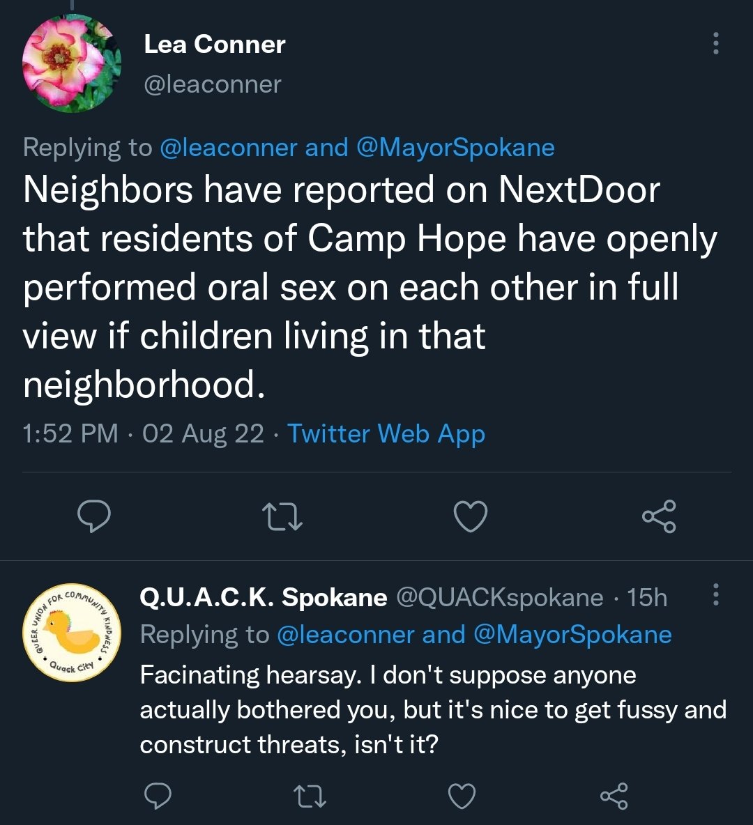 QUACKspokane's tweet photo. We burst her NextDoor app "world=danger  therefore sweeps good" bubble and she promptly blocked us. https://t.co/WodH9HX2AZ