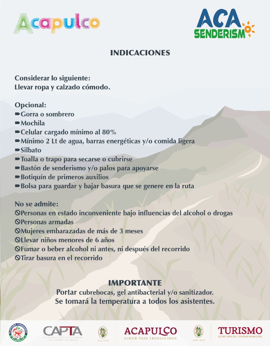 Amantes de la naturaleza y el senderismo prepárense para una nueva aventura, el próximo 13 de agosto caminaremos al cerro de Las 3 Piedras, ubicados en la Unidad Habitacional El Coloso. 

Cualquier aclaración: 7443109071
#AcapulcoLoTieneTodo #VeranoEnAcapulco #AcaSenderismo